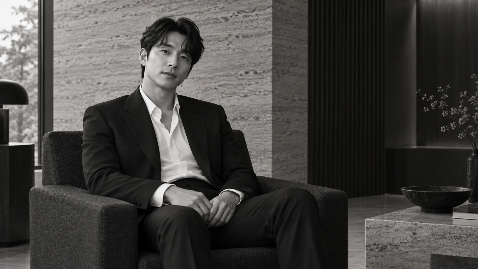 검은 재킷을 입은 남성이 차분한 의자에 앉아 있는 흑백 화보